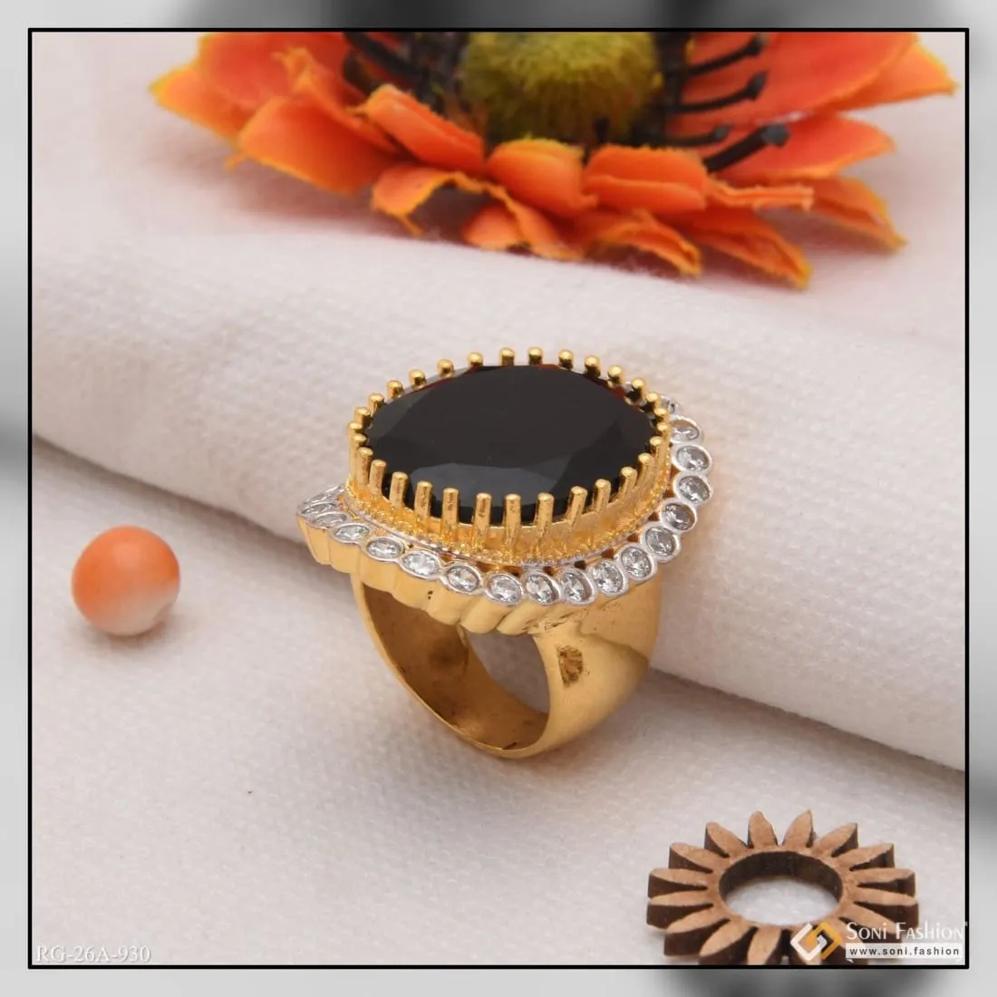 1 Gram Gold Plated Black Stone With Diamond Fashionable Design Ring - Style A930