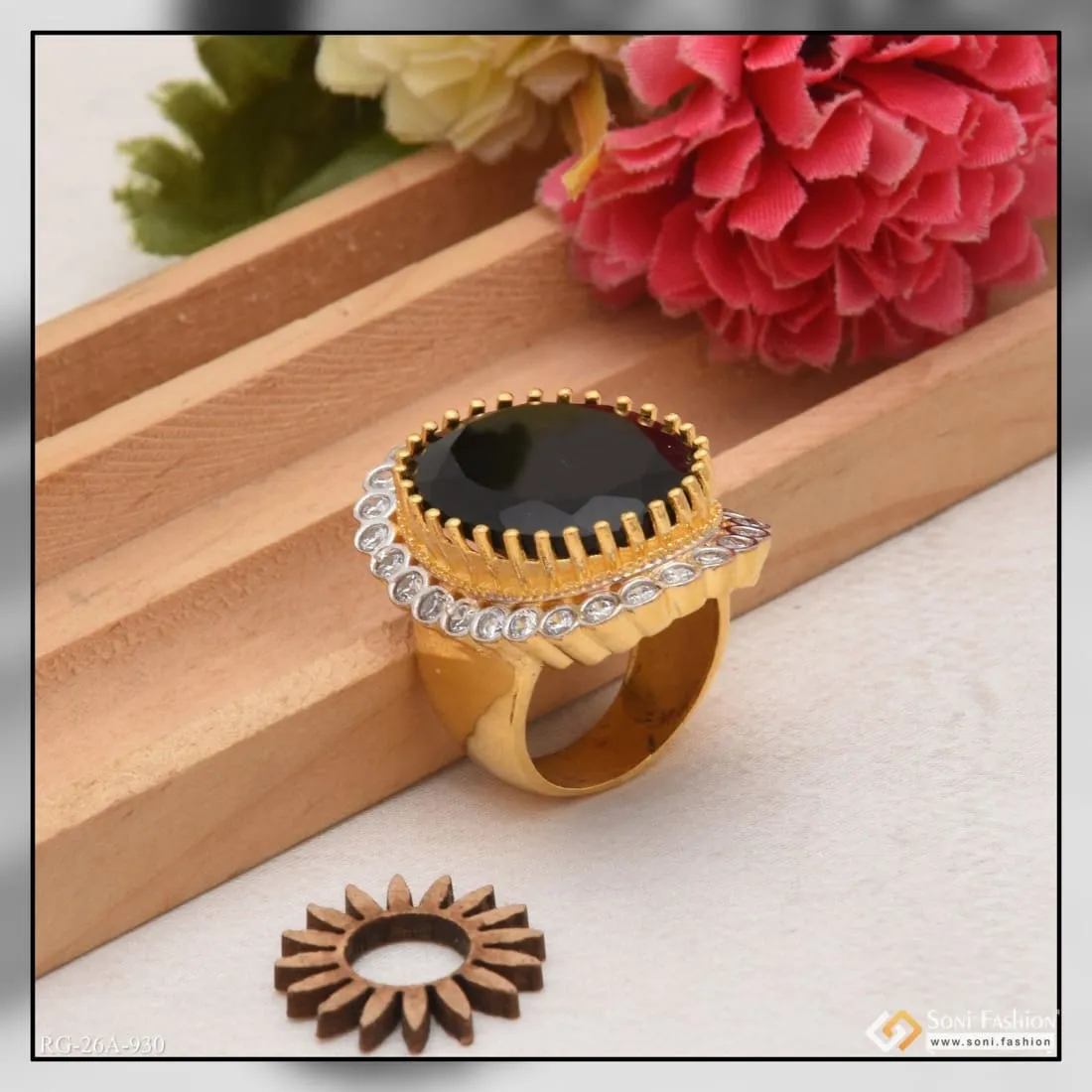 1 Gram Gold Plated Black Stone With Diamond Fashionable Design Ring - Style A930