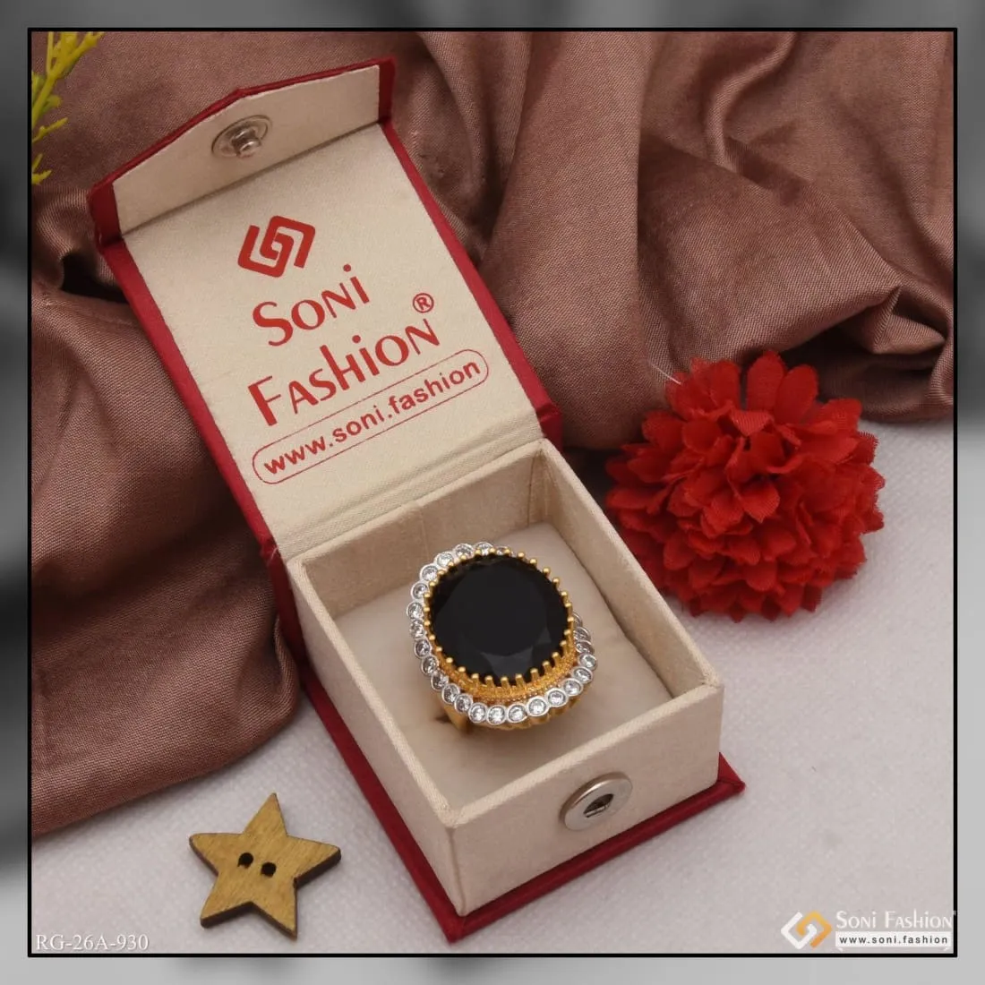 1 Gram Gold Plated Black Stone With Diamond Fashionable Design Ring - Style A930