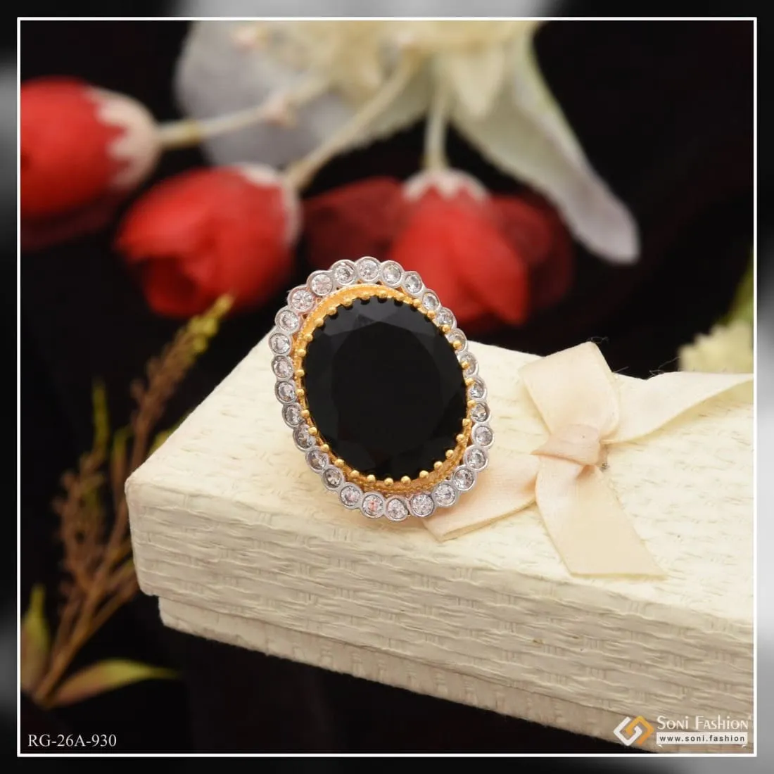 1 Gram Gold Plated Black Stone With Diamond Fashionable Design Ring - Style A930