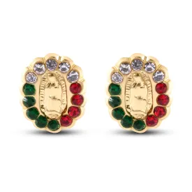 14E00436. - 14 Karat Yellow Gold Guadalupe Red Green and Clear Screw Back Earrings