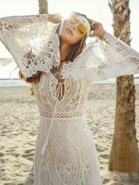 Beach Sheath Lace Wedding Dresse Long Sleeve Custom Wedding Dress DR060