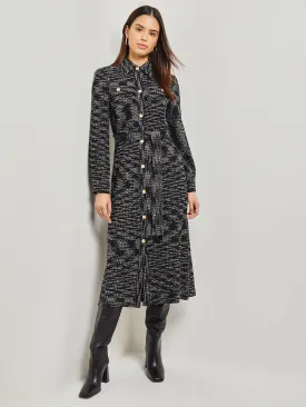 Belted Button Front Tweed Knit Midi Dress