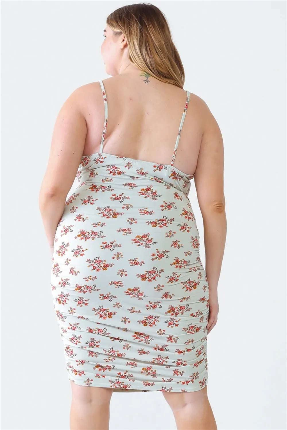 BLUE LEOPARD PLUS SIZE RUCHED FLORAL SQUARE NECK CAMI DRESS