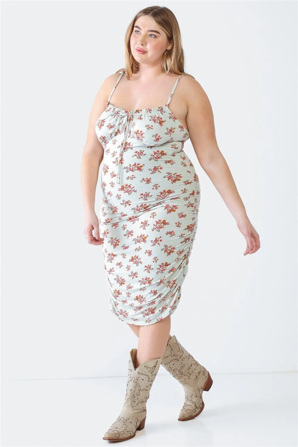 BLUE LEOPARD PLUS SIZE RUCHED FLORAL SQUARE NECK CAMI DRESS
