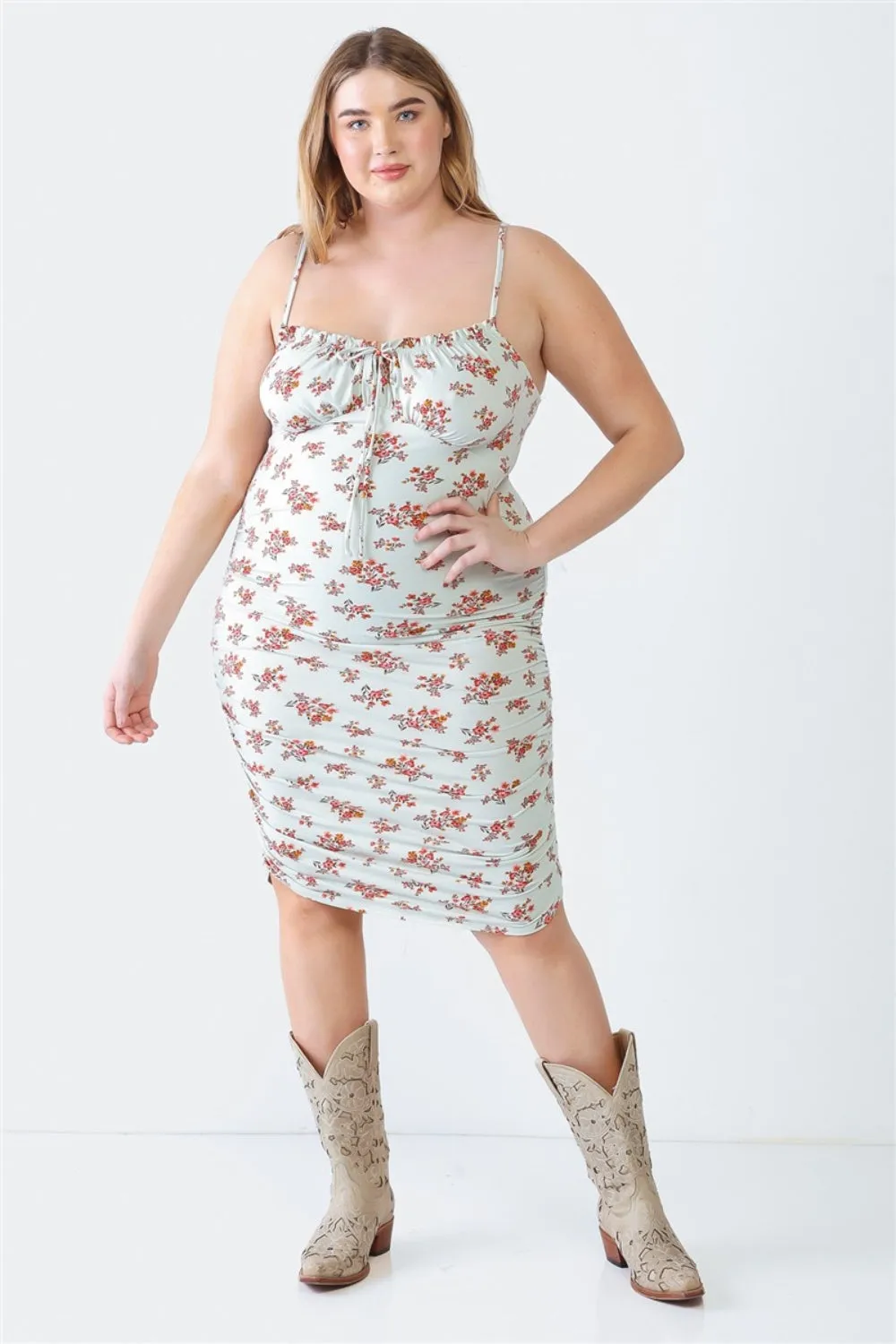 BLUE LEOPARD PLUS SIZE RUCHED FLORAL SQUARE NECK CAMI DRESS