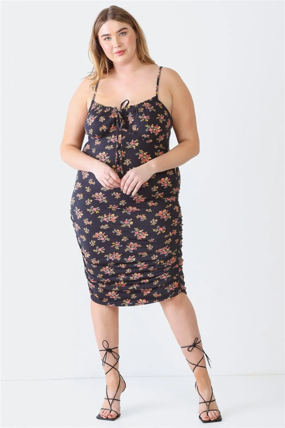 BLUE LEOPARD PLUS SIZE RUCHED FLORAL SQUARE NECK CAMI DRESS