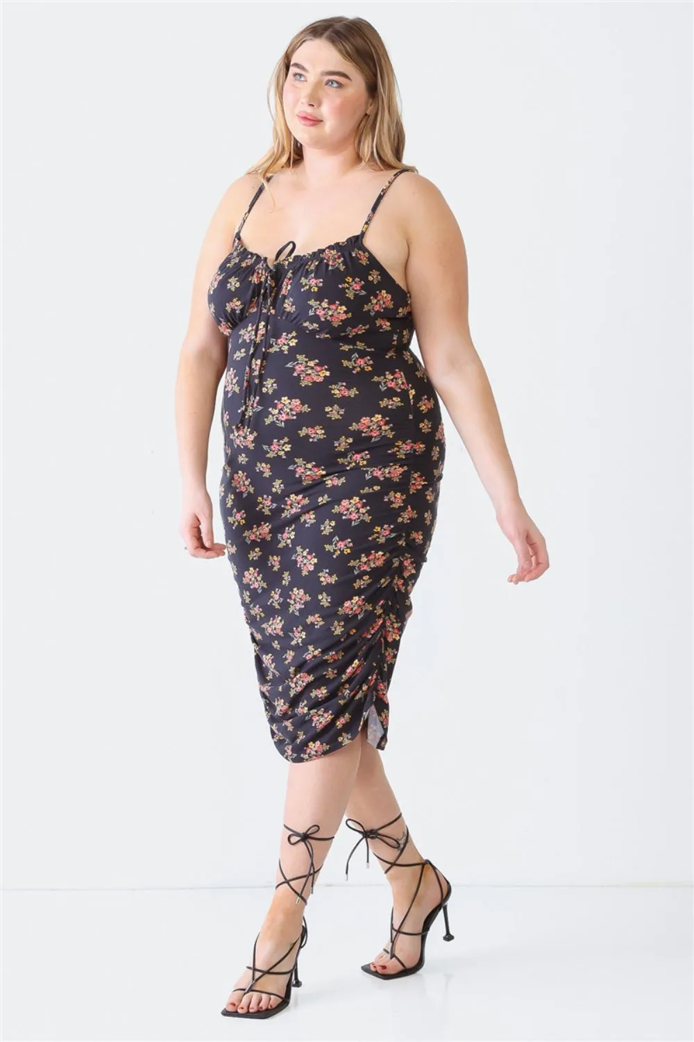 BLUE LEOPARD PLUS SIZE RUCHED FLORAL SQUARE NECK CAMI DRESS