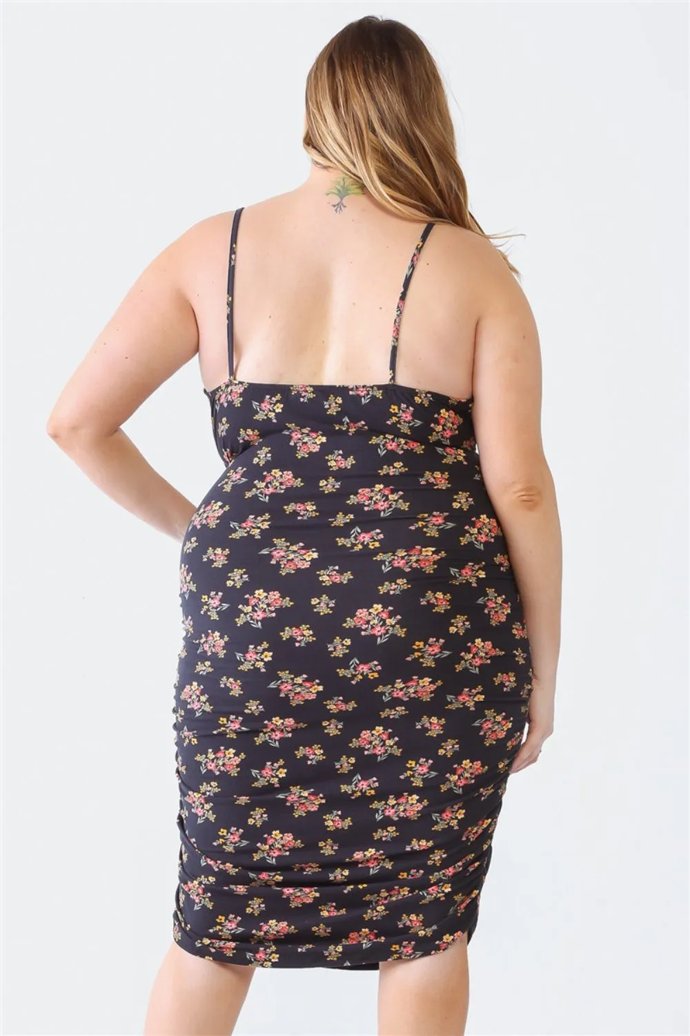 BLUE LEOPARD PLUS SIZE RUCHED FLORAL SQUARE NECK CAMI DRESS