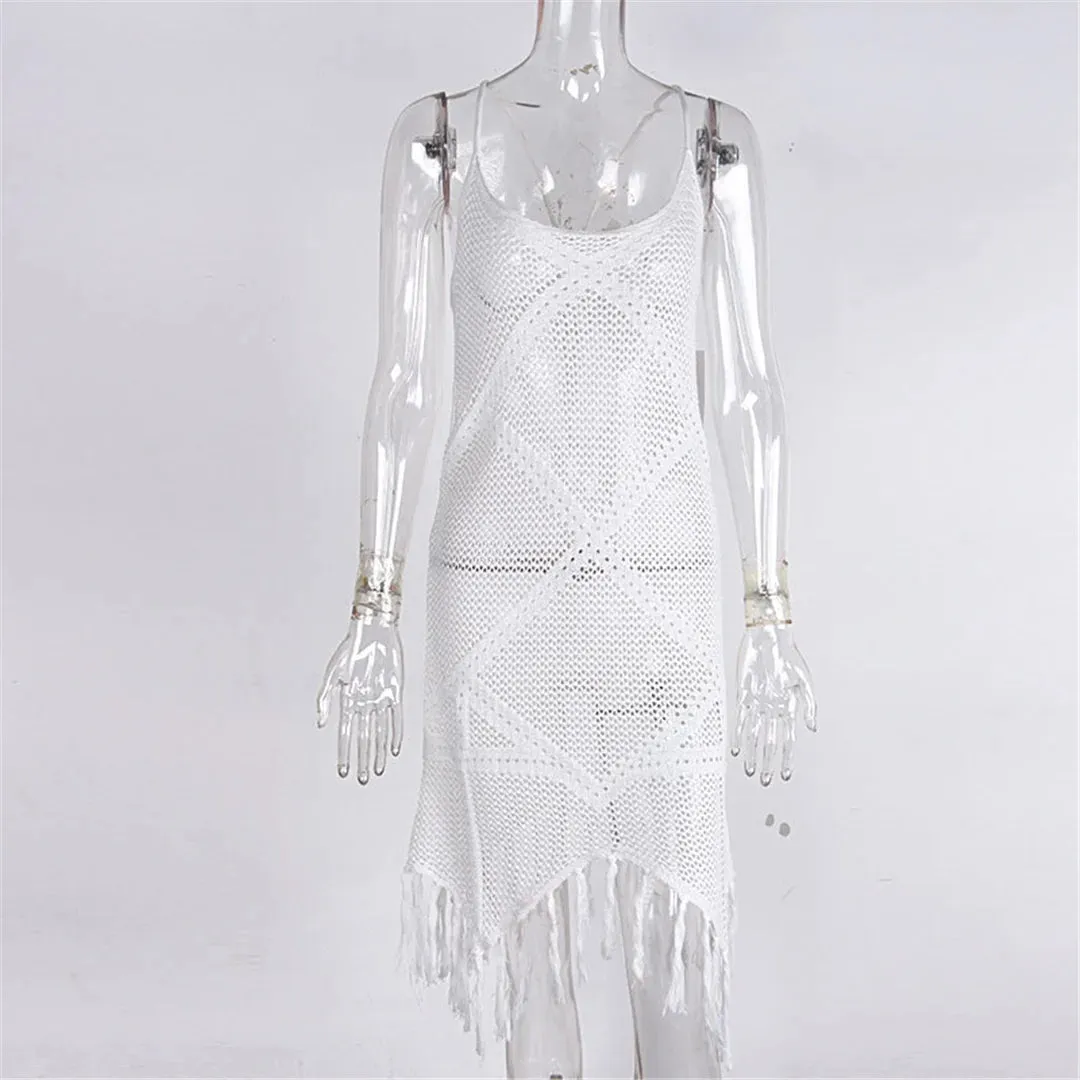 Bora Bora Fringe Tassel Hollow Out Knitted Tunic Beach Cover Up