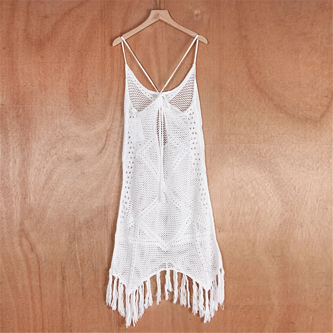Bora Bora Fringe Tassel Hollow Out Knitted Tunic Beach Cover Up
