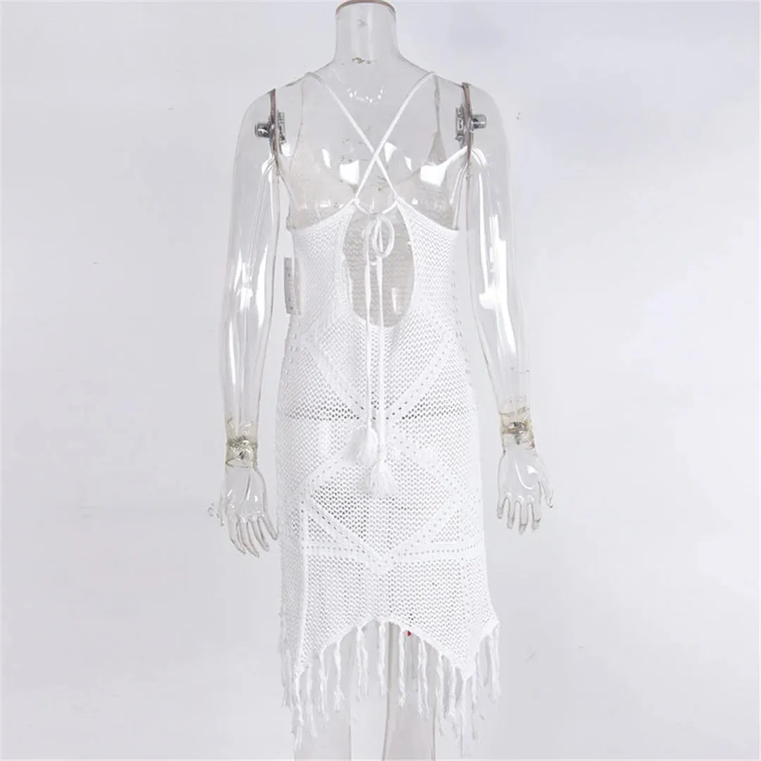 Bora Bora Fringe Tassel Hollow Out Knitted Tunic Beach Cover Up