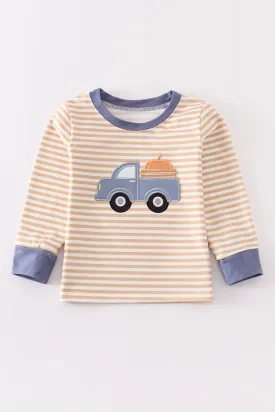 Brown stripe truck applique boy top