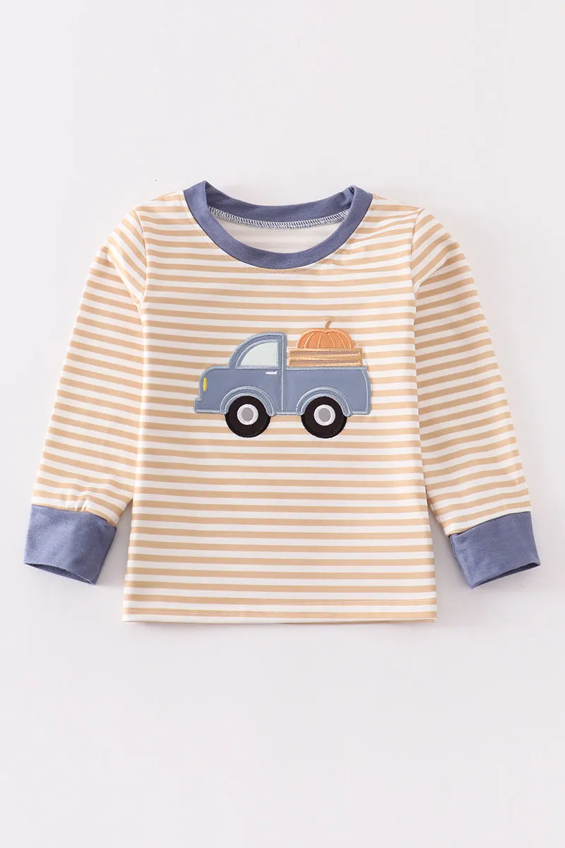 Brown stripe truck applique boy top