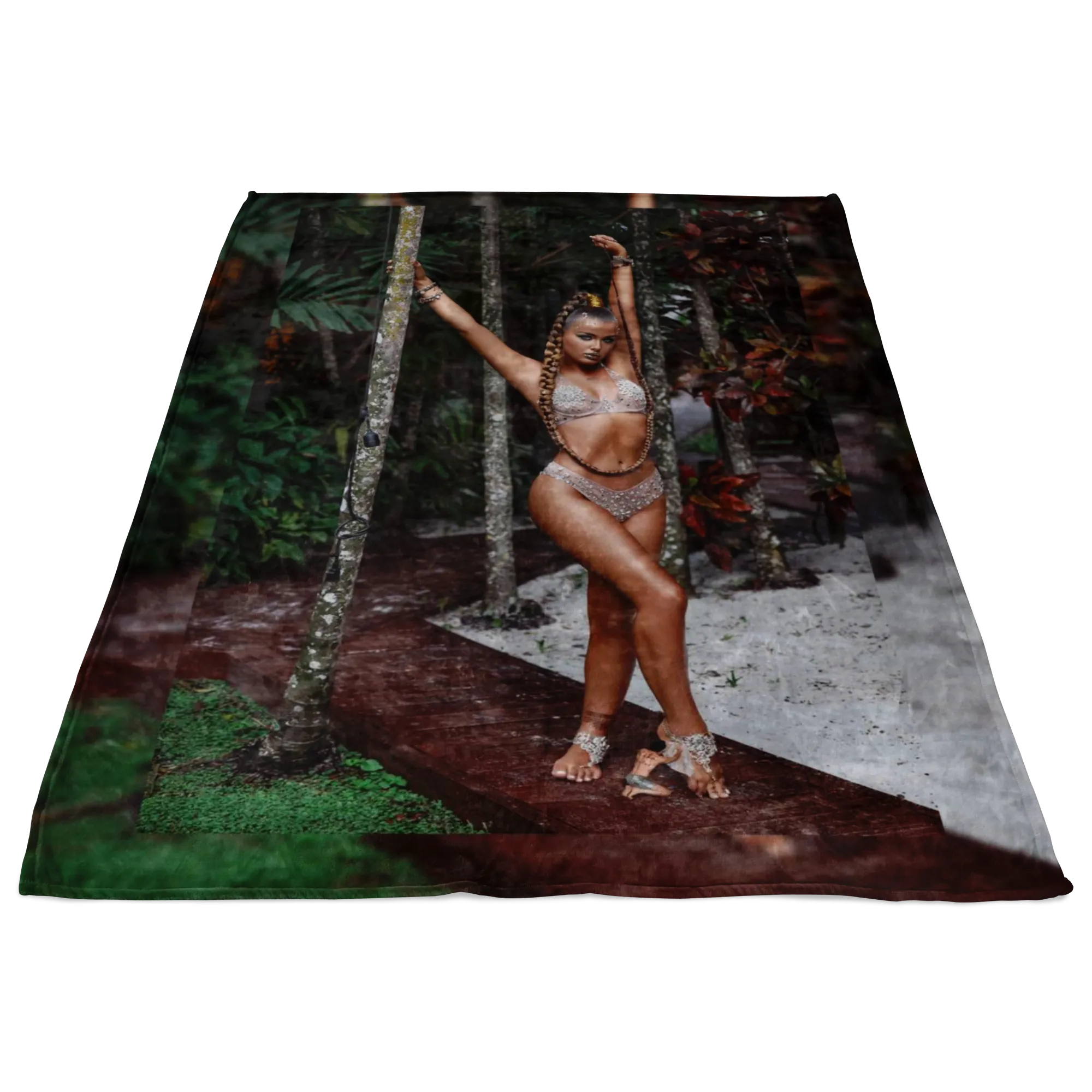 Custom Fleece Blanket Jungle Goddess and Tiny Man Servant At Her Feet