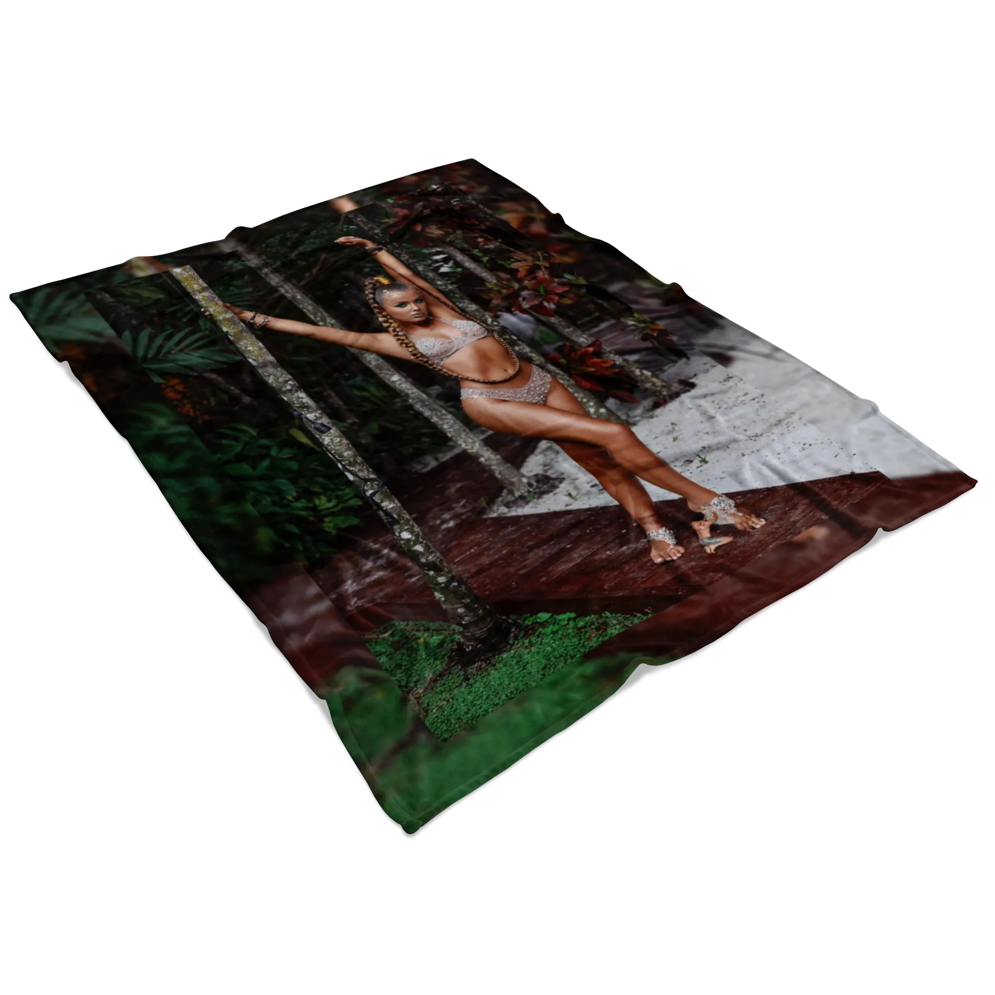 Custom Fleece Blanket Jungle Goddess and Tiny Man Servant At Her Feet