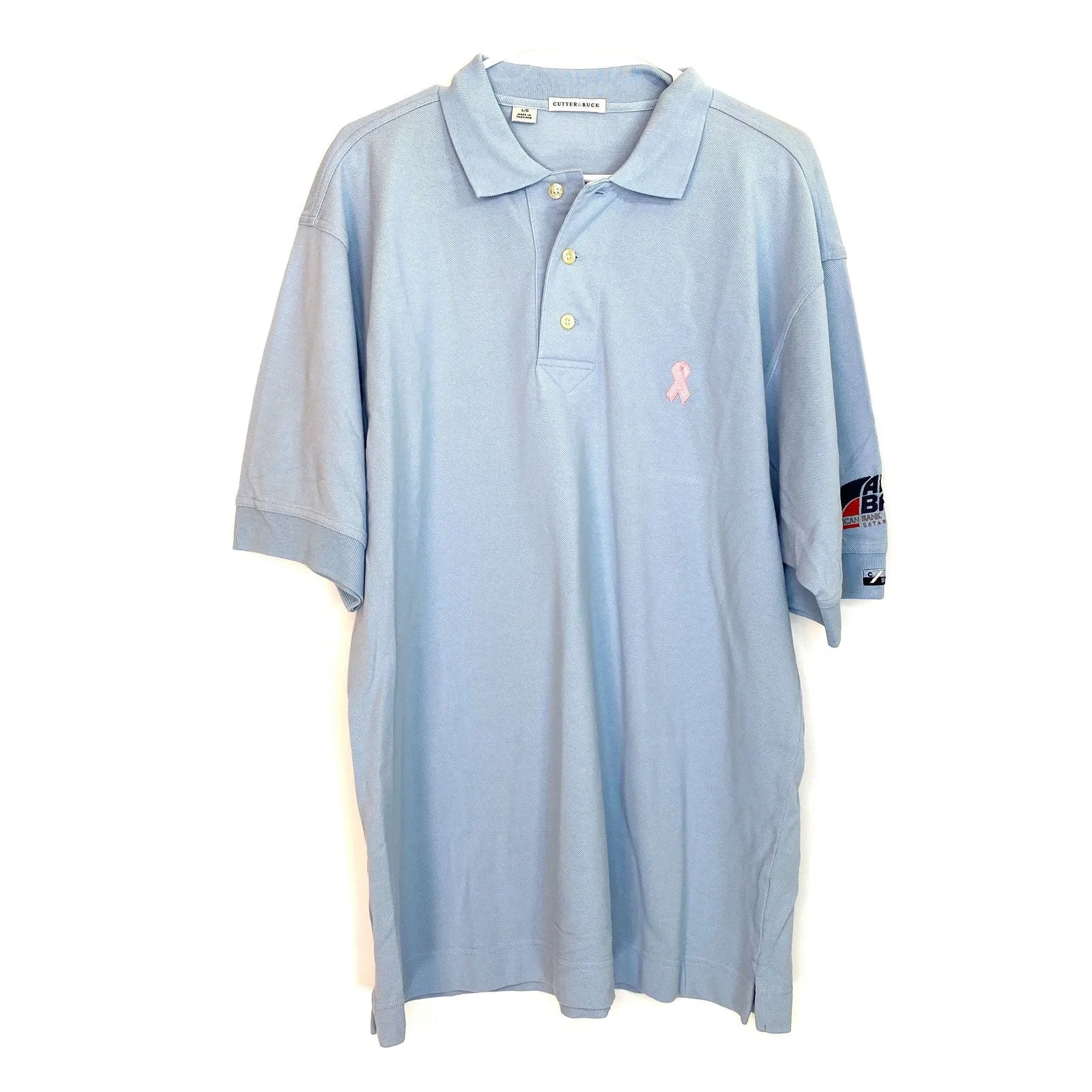 Cutter & Buck Mens Size L Golf Polo Shirt Light Blue Pink Breast Cancer ABC Bank