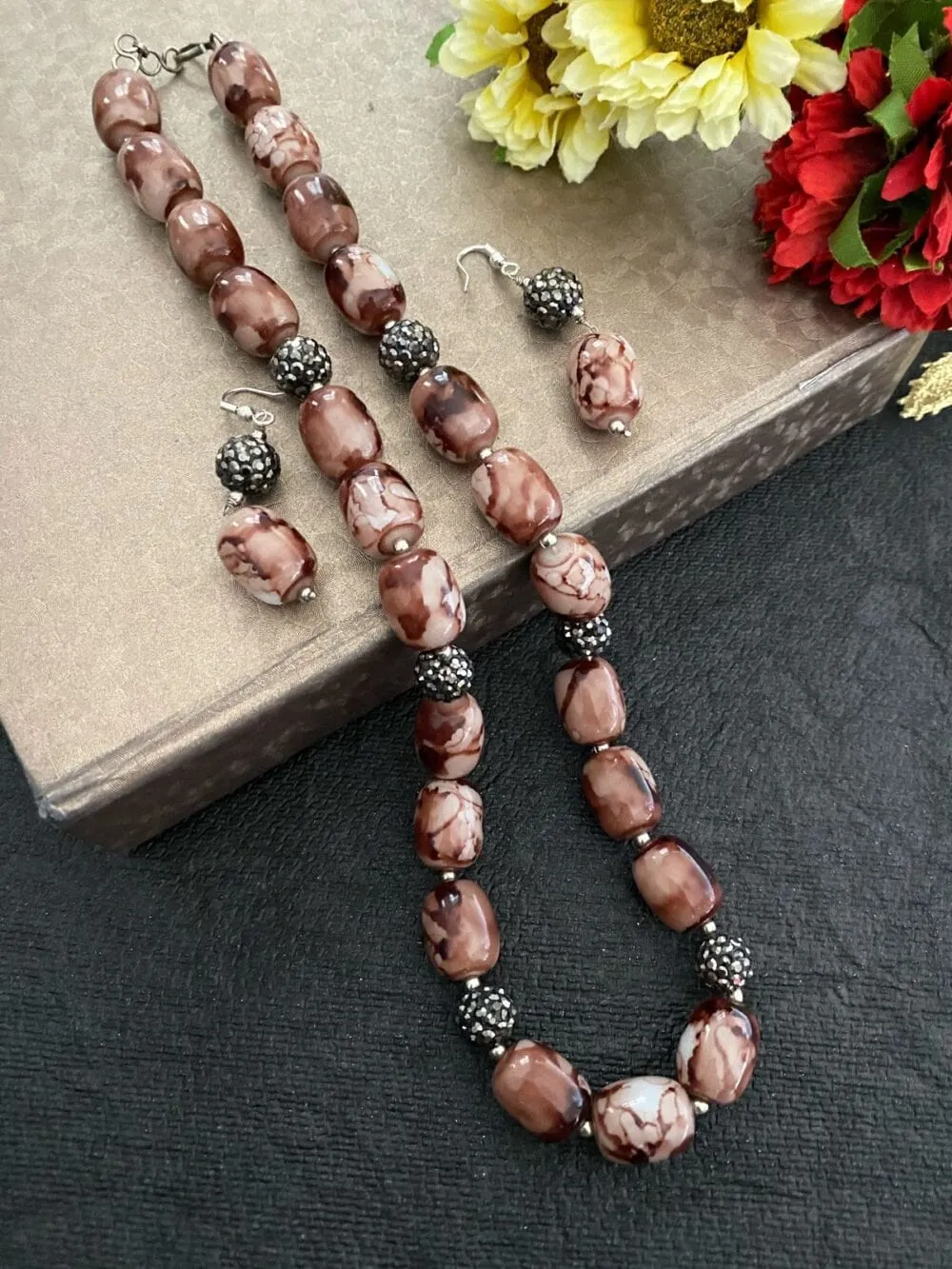 Designer Semi Precious Turquoise Brown Chalcedony Stone Beads Necklace By Gehna Shop