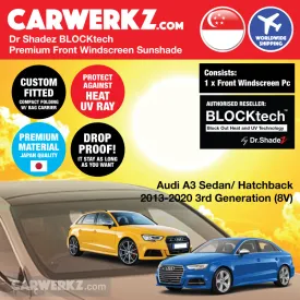 Dr Shadez BLOCKtech Premium Front Windscreen Foldable Sunshade for Audi A3 Sedan Hatchback 2013-2020 3rd Generation (8V)