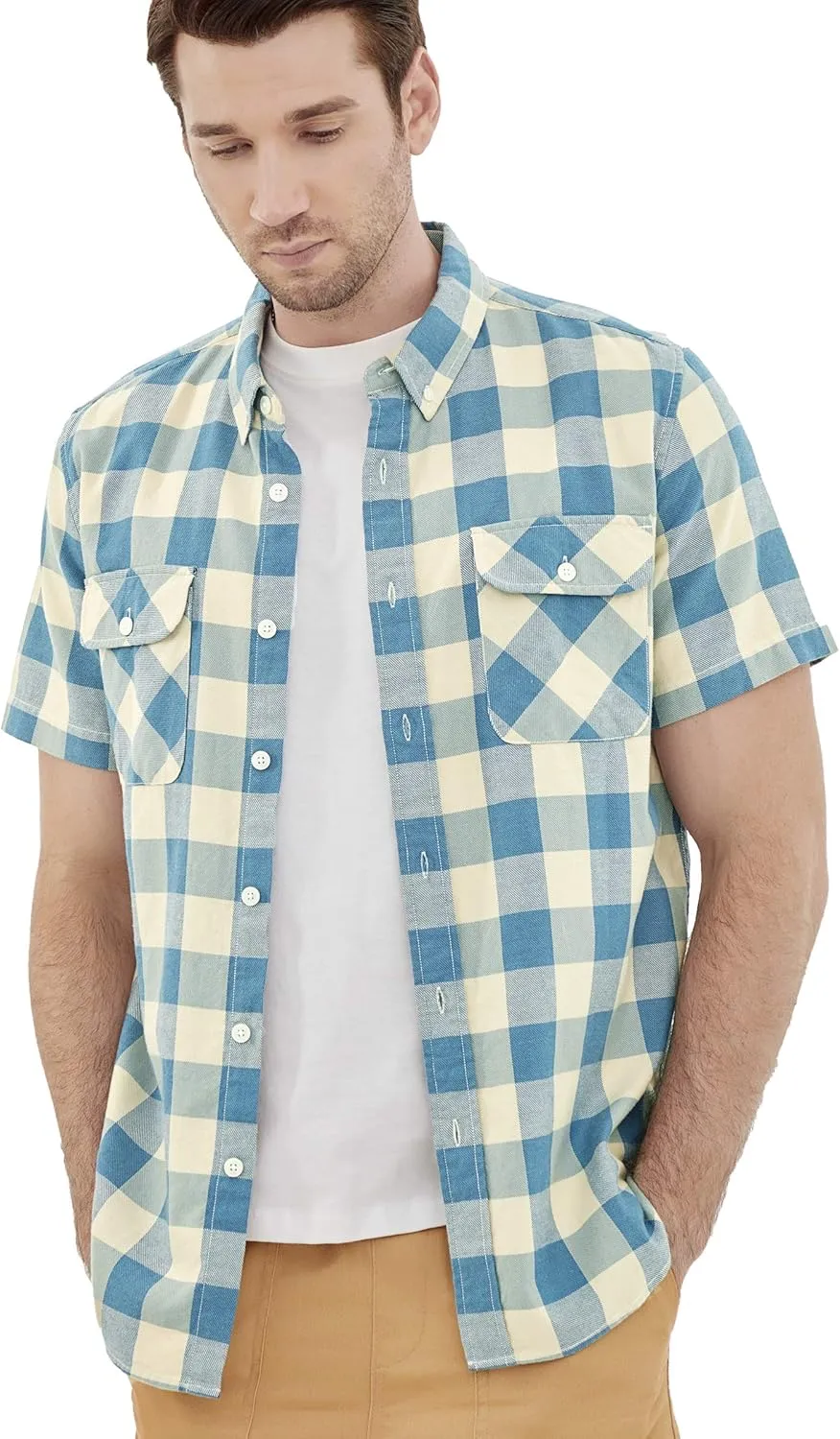 Dubinik? Mens Short Sleeve Button Down Shirts 100% Cotton Plaid Men's Casual Button-Down Shirts with Pocket