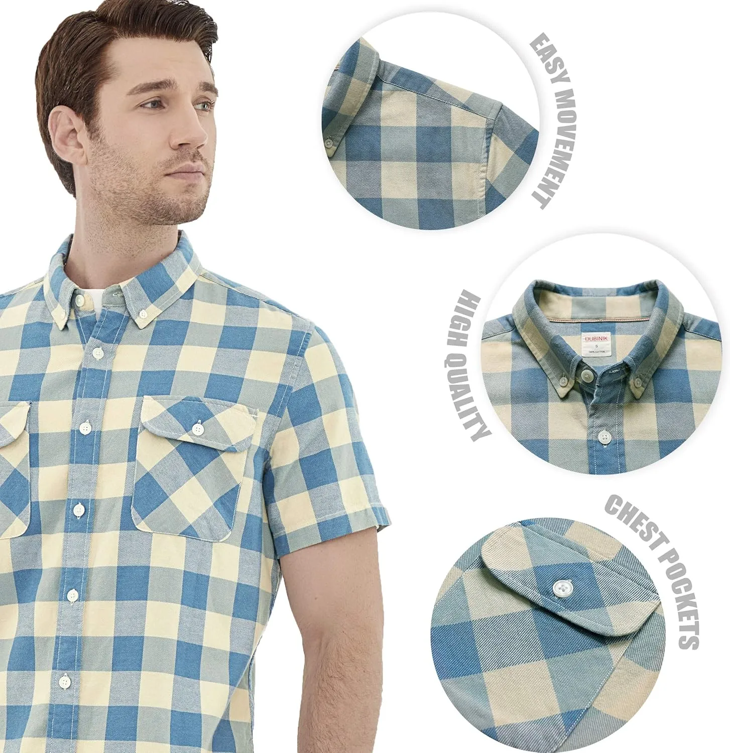 Dubinik? Mens Short Sleeve Button Down Shirts 100% Cotton Plaid Men's Casual Button-Down Shirts with Pocket