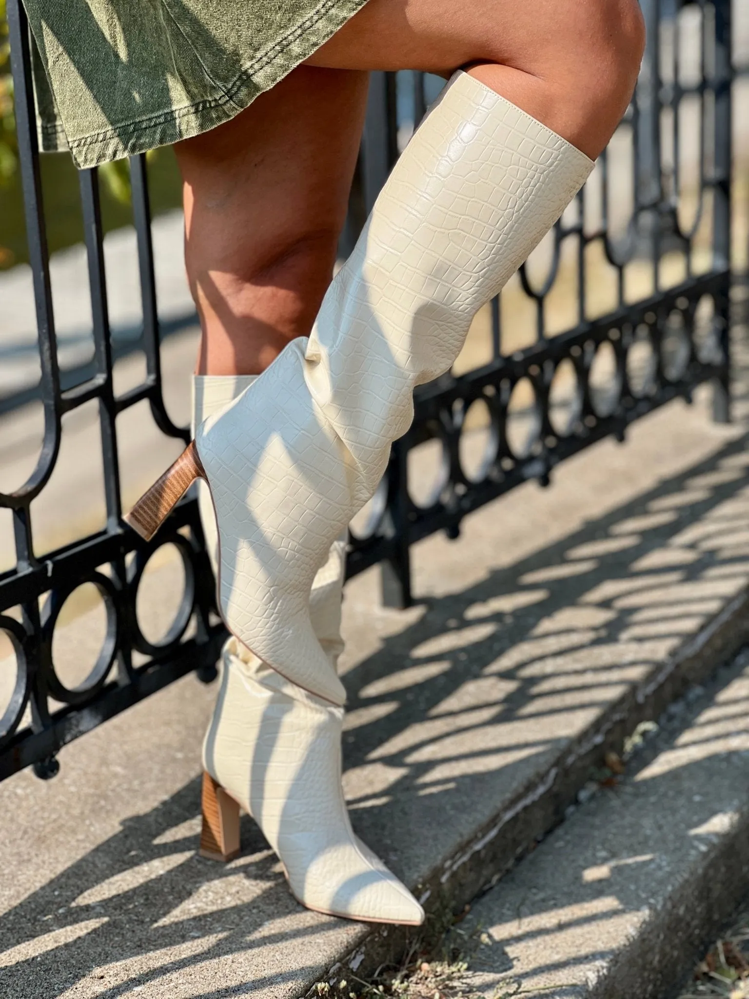 Frankie Croc Embossed Knee Boot (Cream) by Chinese Laundry