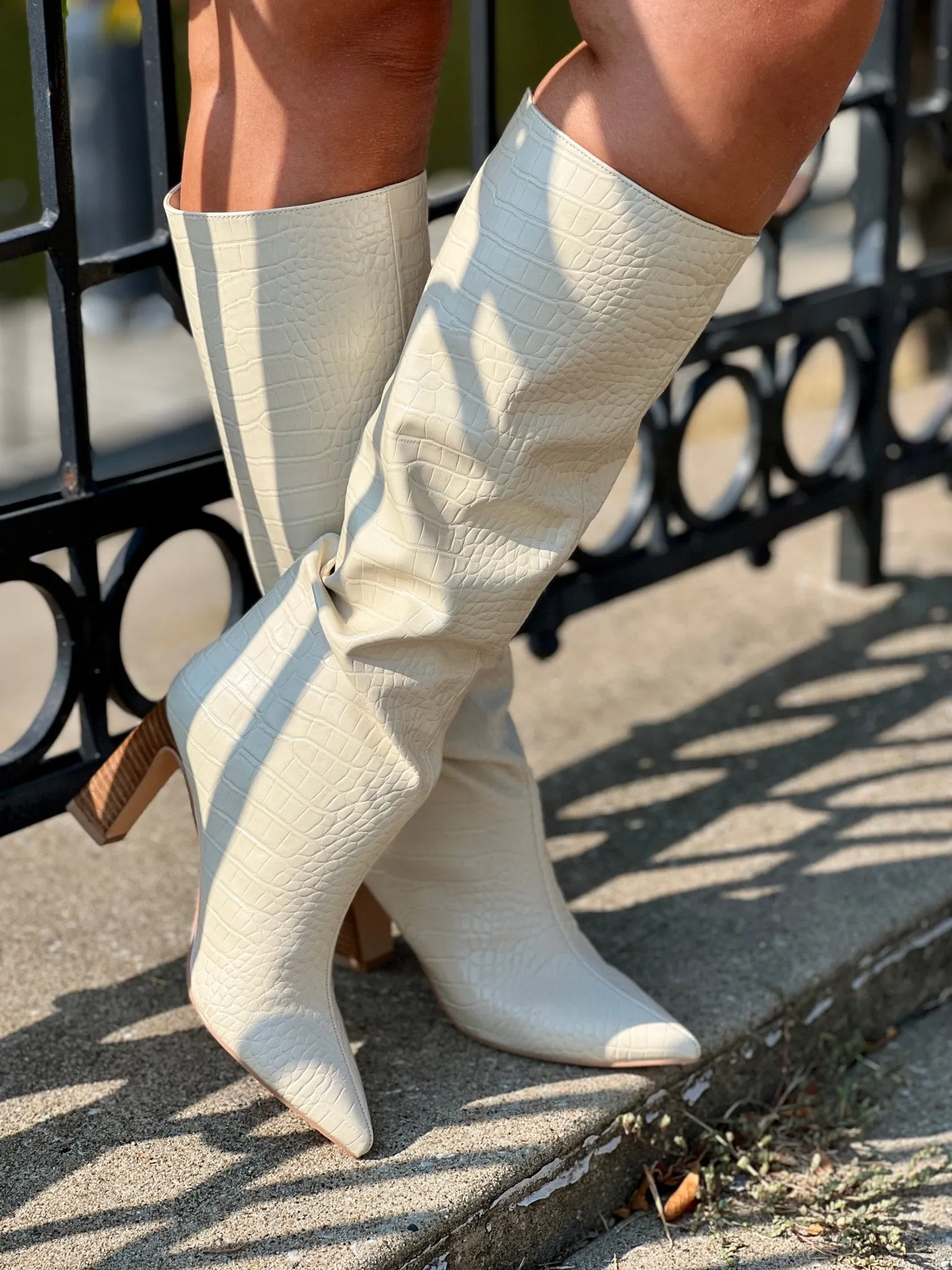 Frankie Croc Embossed Knee Boot (Cream) by Chinese Laundry