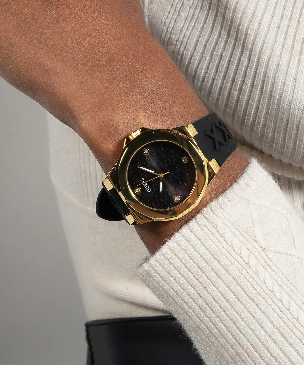GUESS Ladies Black Gold Tone Analog Watch
