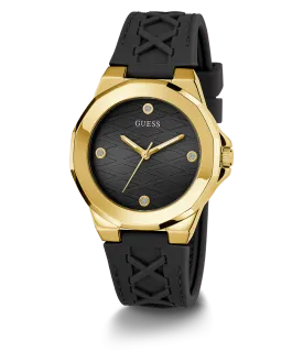 GUESS Ladies Black Gold Tone Analog Watch