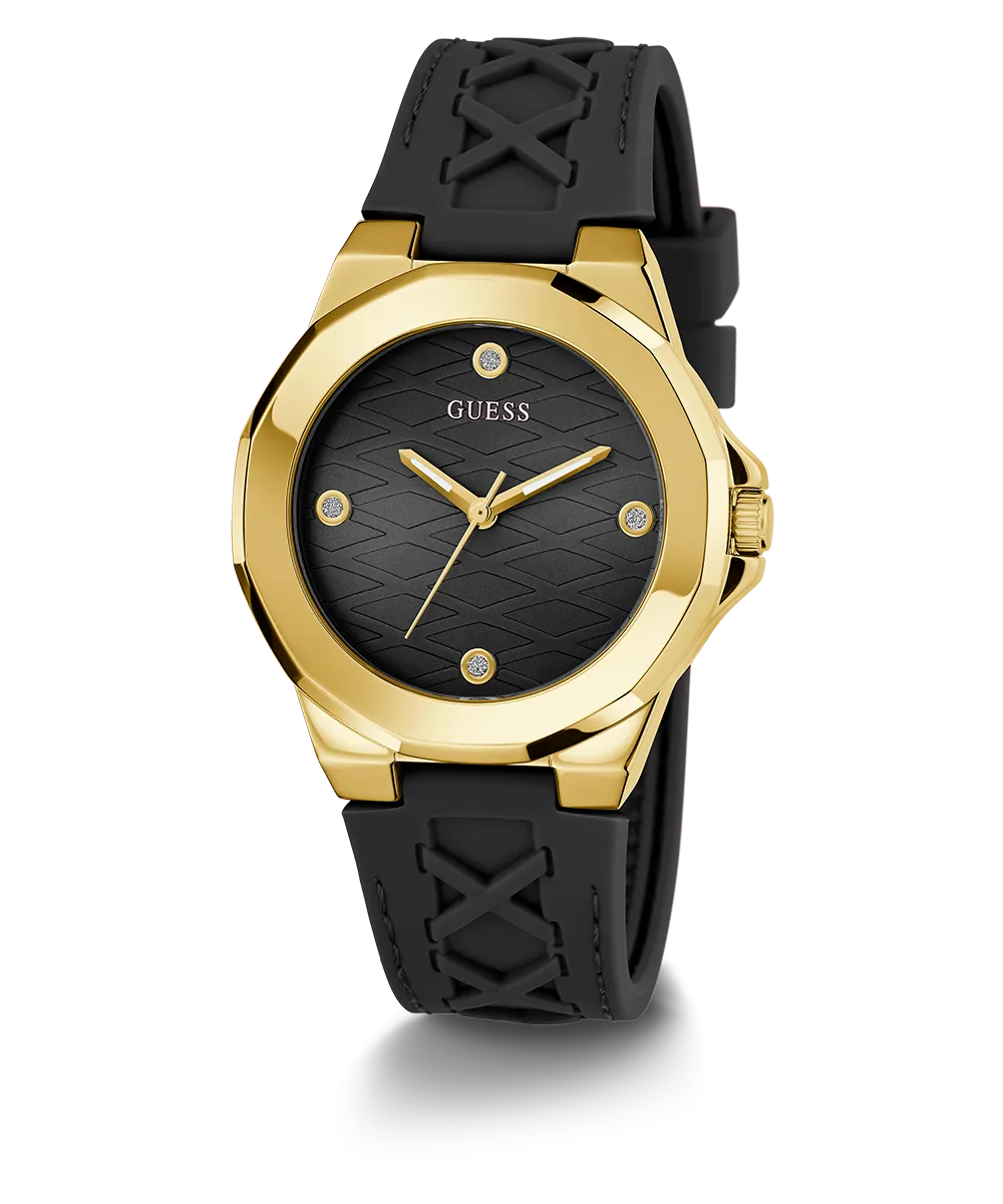 GUESS Ladies Black Gold Tone Analog Watch