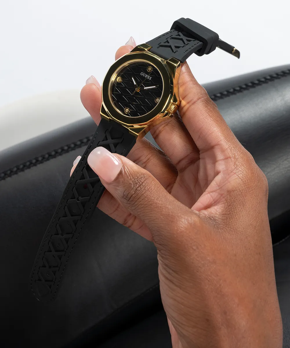 GUESS Ladies Black Gold Tone Analog Watch