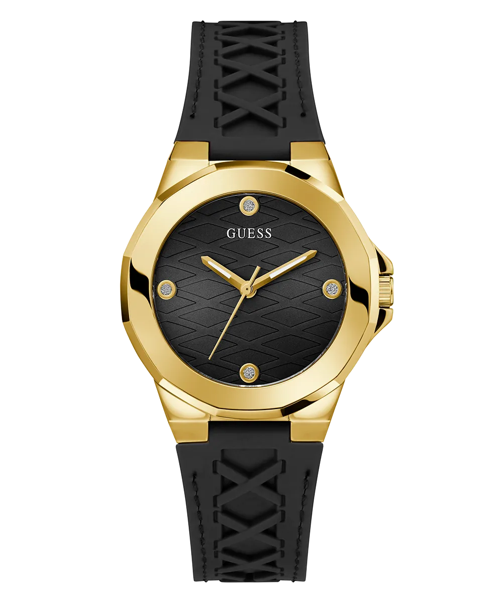GUESS Ladies Black Gold Tone Analog Watch