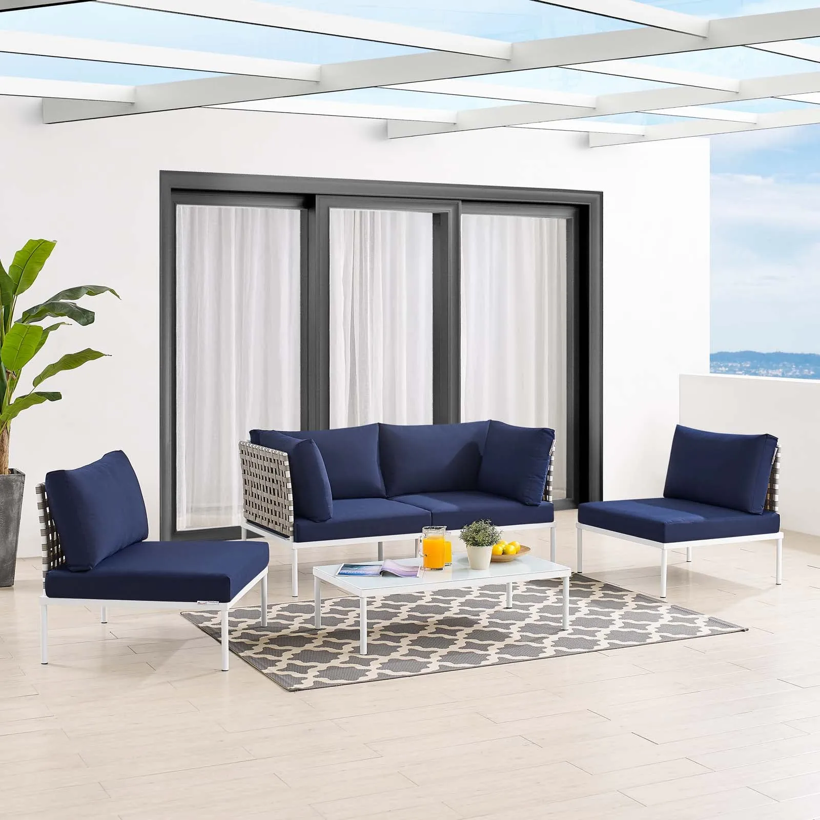 Harmony 4-Piece  Sunbrella® Basket Weave Outdoor Patio Aluminum Seating Set