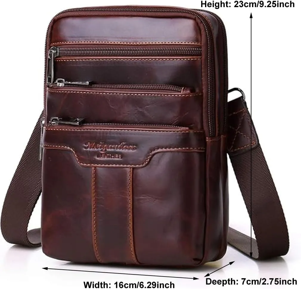 Hebetag Small Leather Sling Shoulder Bag Messenger Pack for Men Women Outdoor Travel Business
