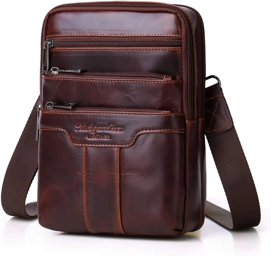 Hebetag Small Leather Sling Shoulder Bag Messenger Pack for Men Women Outdoor Travel Business