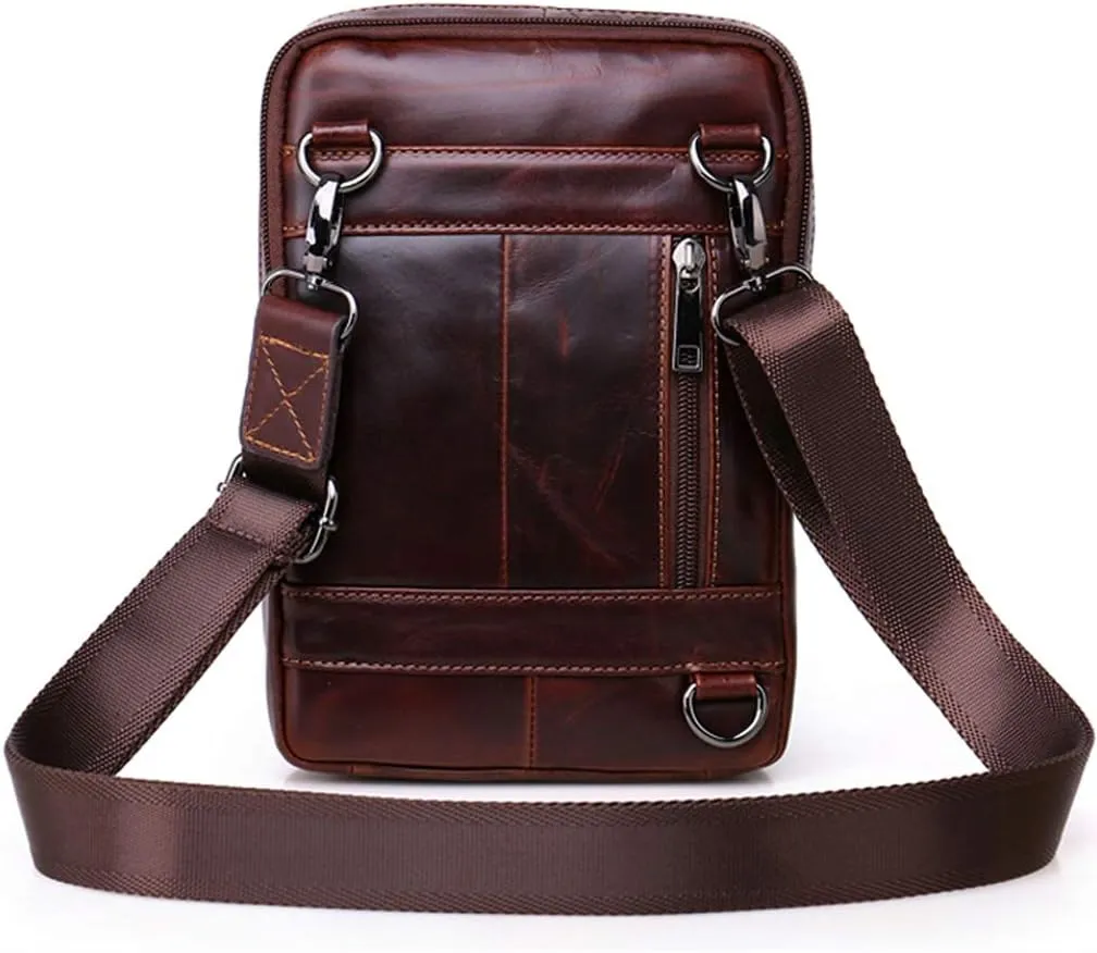 Hebetag Small Leather Sling Shoulder Bag Messenger Pack for Men Women Outdoor Travel Business