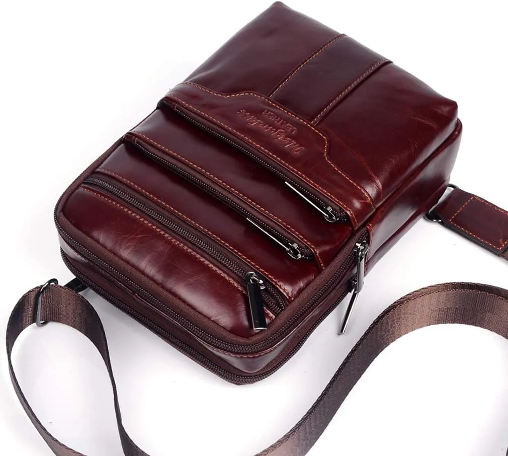 Hebetag Small Leather Sling Shoulder Bag Messenger Pack for Men Women Outdoor Travel Business