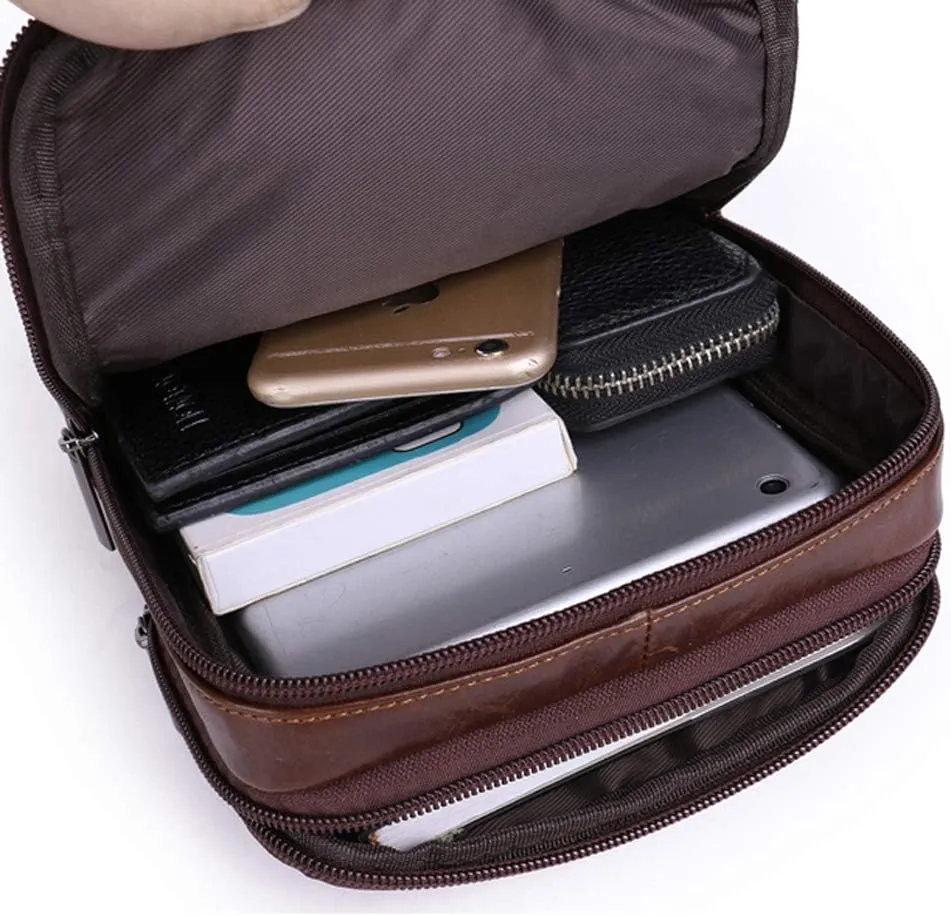 Hebetag Small Leather Sling Shoulder Bag Messenger Pack for Men Women Outdoor Travel Business