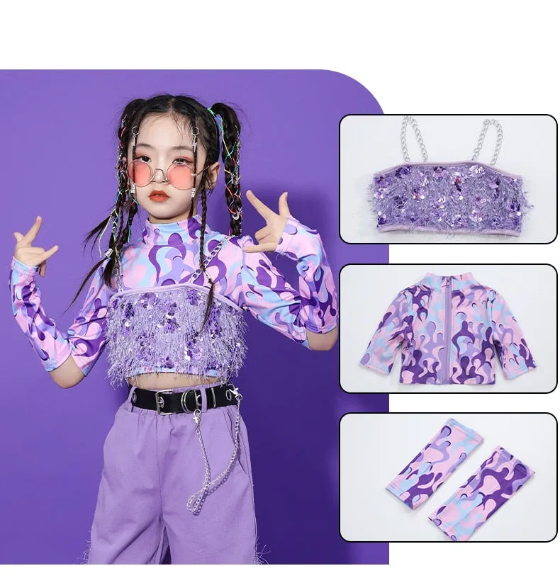 HH0393 Modern Hip Hop- Street- Dance Costume for Girls- Sequin Set-Purple- Stage- Performance