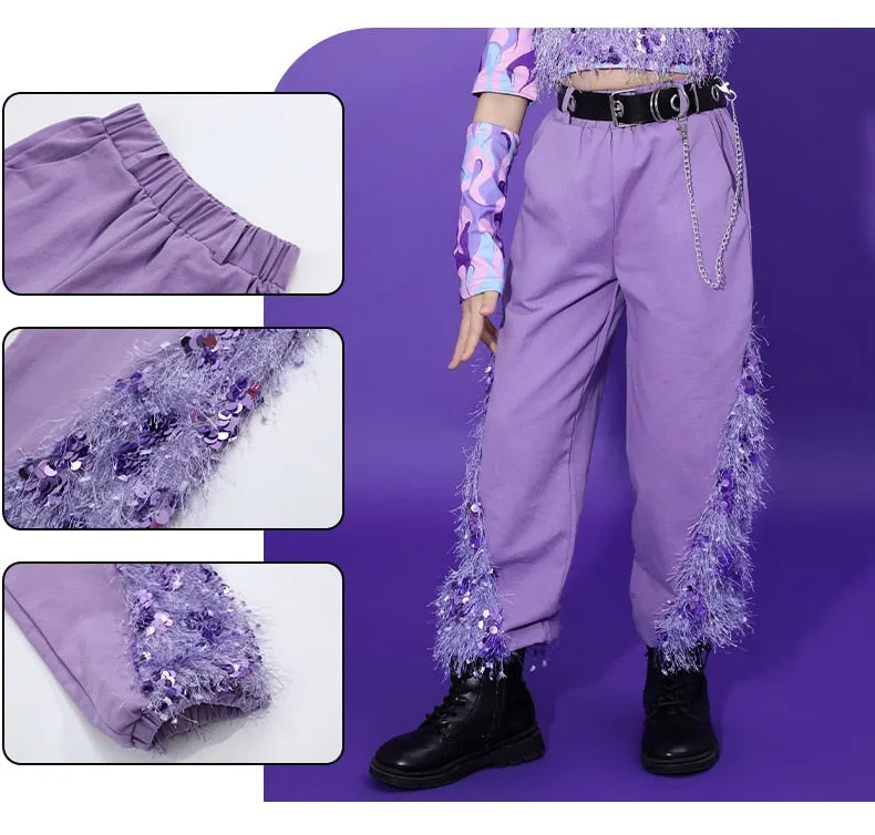 HH0393 Modern Hip Hop- Street- Dance Costume for Girls- Sequin Set-Purple- Stage- Performance