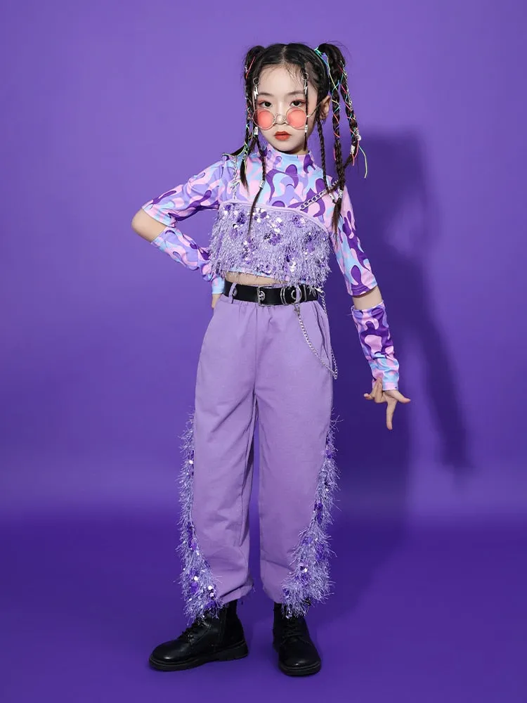 HH0393 Modern Hip Hop- Street- Dance Costume for Girls- Sequin Set-Purple- Stage- Performance