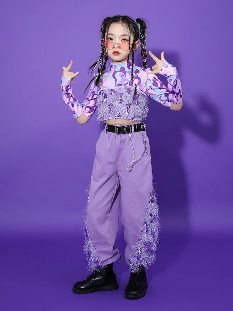 HH0393 Modern Hip Hop- Street- Dance Costume for Girls- Sequin Set-Purple- Stage- Performance