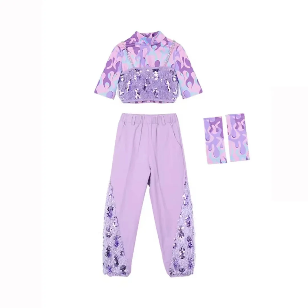 HH0393 Modern Hip Hop- Street- Dance Costume for Girls- Sequin Set-Purple- Stage- Performance