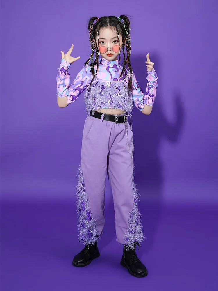 HH0393 Modern Hip Hop- Street- Dance Costume for Girls- Sequin Set-Purple- Stage- Performance