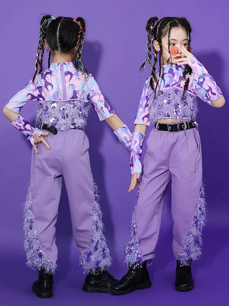 HH0393 Modern Hip Hop- Street- Dance Costume for Girls- Sequin Set-Purple- Stage- Performance