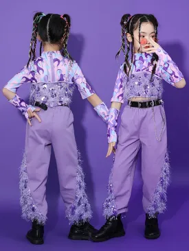 HH0393 Modern Hip Hop- Street- Dance Costume for Girls- Sequin Set-Purple- Stage- Performance