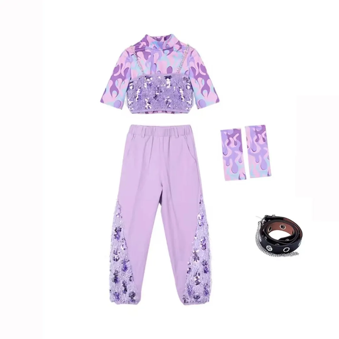 HH0393 Modern Hip Hop- Street- Dance Costume for Girls- Sequin Set-Purple- Stage- Performance