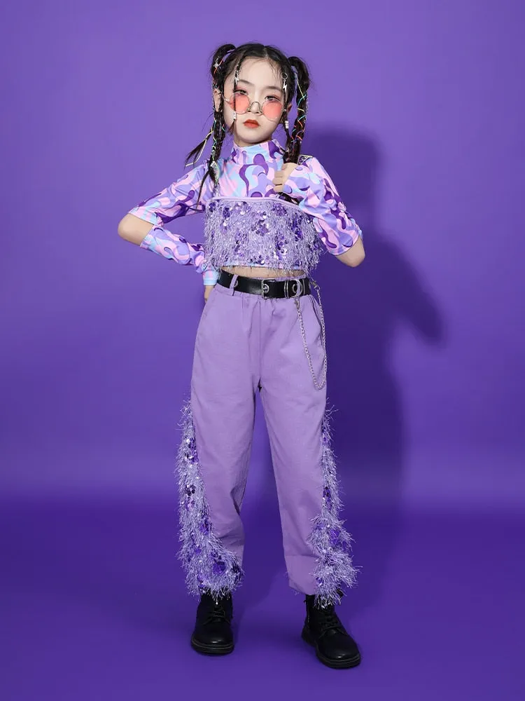 HH0393 Modern Hip Hop- Street- Dance Costume for Girls- Sequin Set-Purple- Stage- Performance
