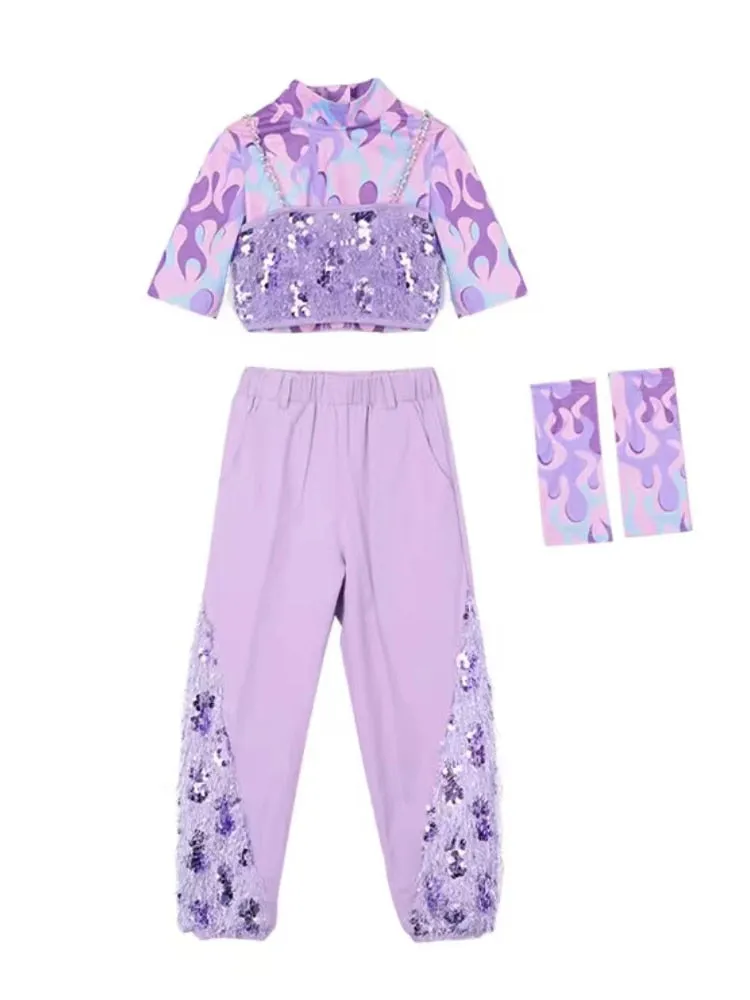 HH0393 Modern Hip Hop- Street- Dance Costume for Girls- Sequin Set-Purple- Stage- Performance