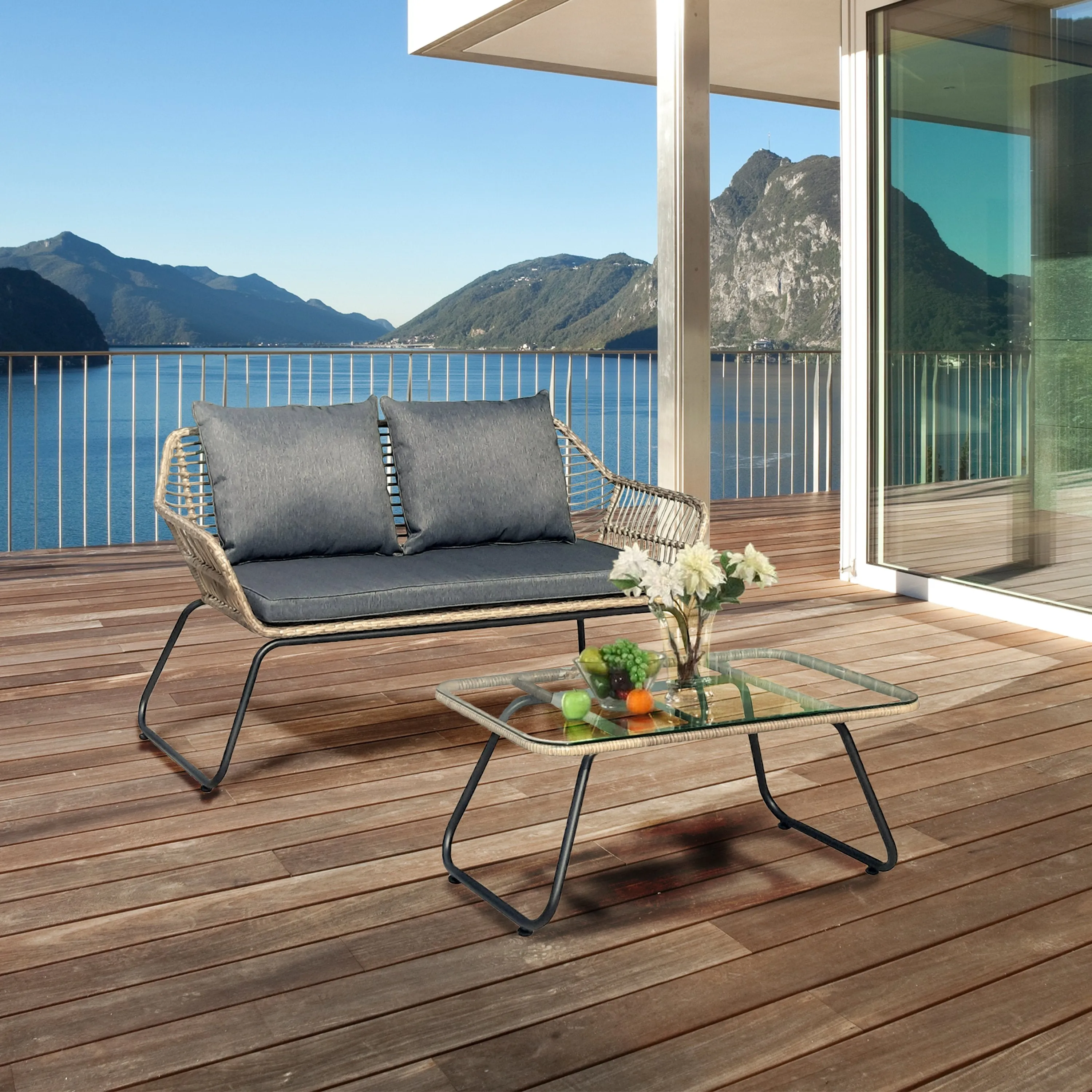 Lugano (2 Piece) Patio Sofa and Table Seating Set With Cushions